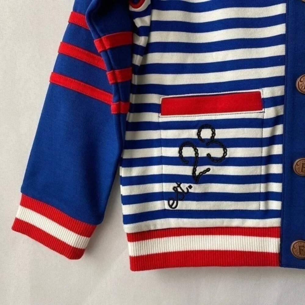 Finding Foxtale Girls Varsity Bomber Jacket‎ 8 Navy Striped Strawberry Blokecore